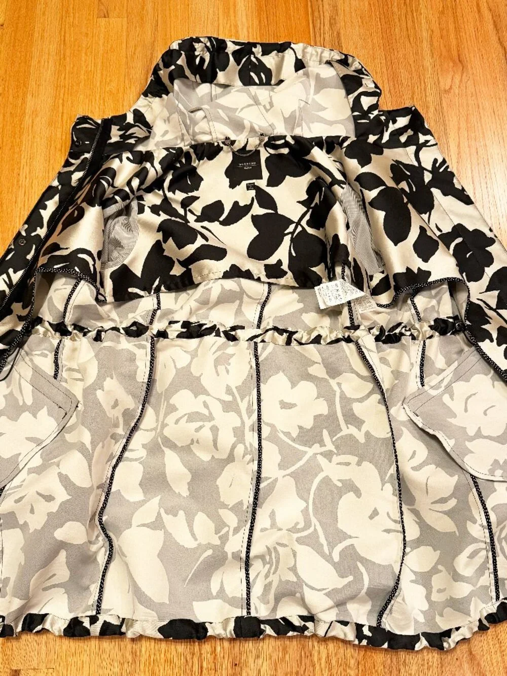 Max Mara Weekend Black Floral Hooded Lightweight Coat Cinched Waist IT44 US10 - Picture 12 of 15